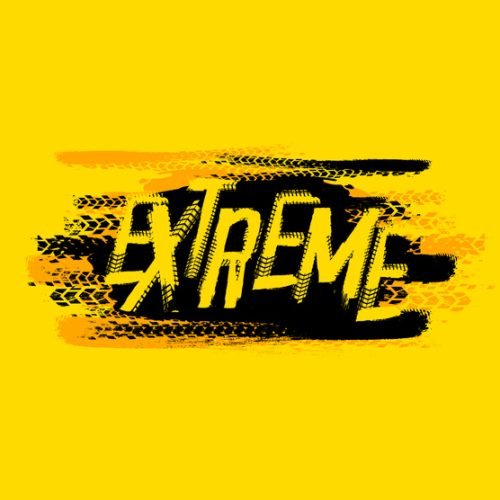 Off-Road extreme hand drawn grunge lettering on a textured background. Tire tracks words made from unique letters. Beautiful vector illustration. Editable graphic element in yellow and black colours.